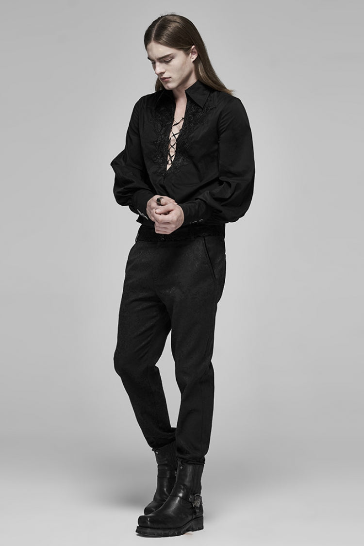 Black V Collar Long Puff Sleeves Hollow Lace-Up Mens Gothic Blouse