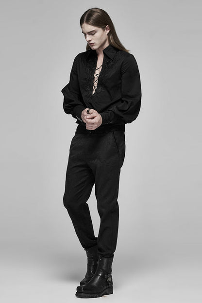 Black V Collar Long Puff Sleeves Hollow Lace-Up Mens Gothic Blouse