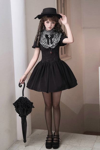 Black [Old Testament] Short Sleeves Ruffle Embroidery Bowknot Lace-Up Gothic Lolita Dress 2 Versions