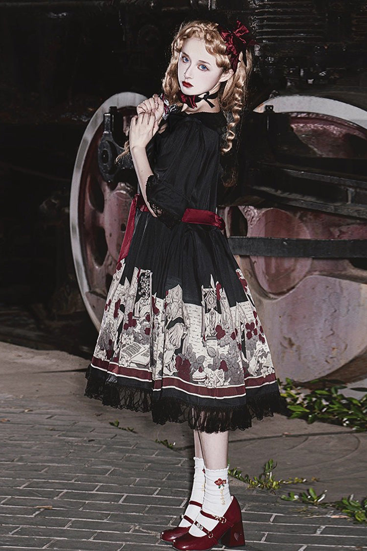 Black [Alice of the Asylum] Print Bowknot Lace Gothic Lolita Dress 2 Versions
