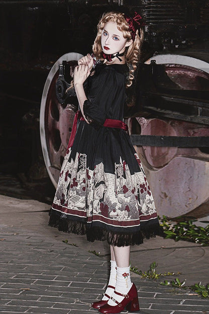 Black [Alice of the Asylum] Print Bowknot Lace Gothic Lolita Dress 2 Versions