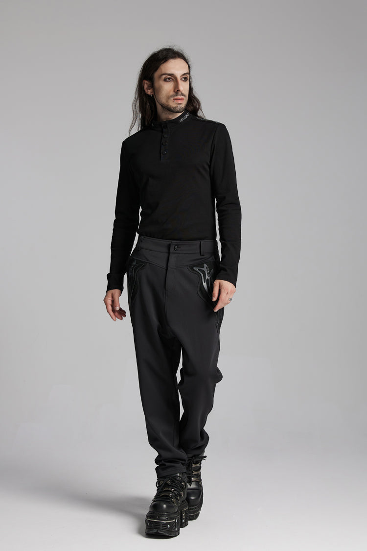 Black Stand Collar Long Sleeves Men's Punk Military T-Shirt