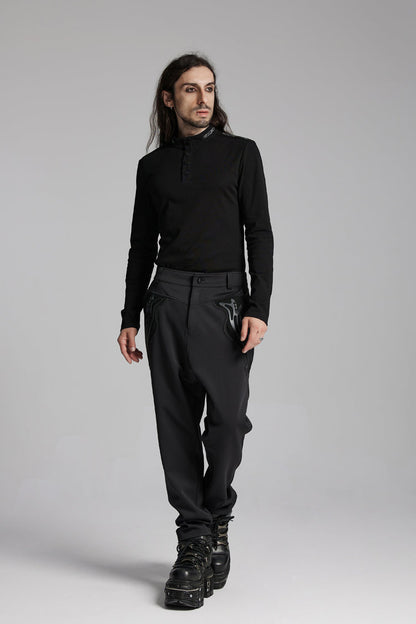 Black Stand Collar Long Sleeves Men's Punk Military T-Shirt