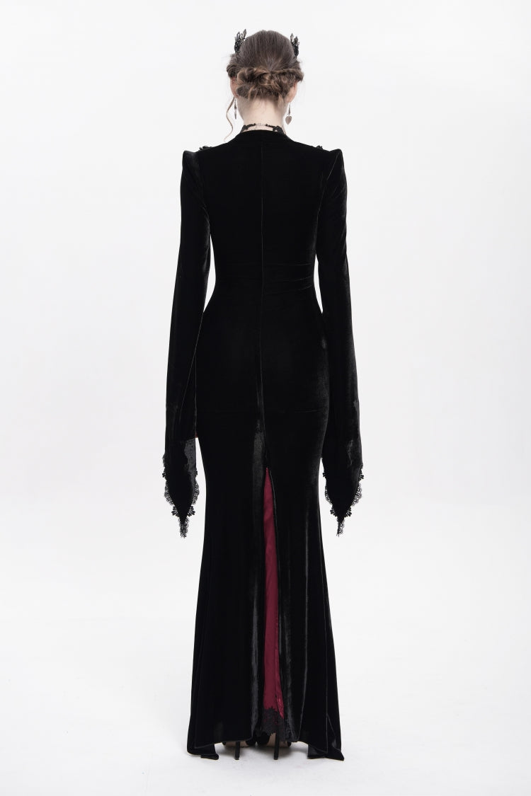 Black/Red V Collar Long Trumpet Sleeves Floral Embroidered Velvet Women's Gothic Dress