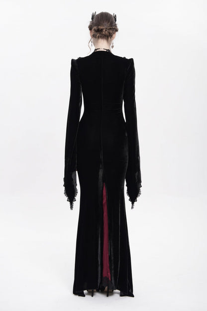 Black/Red V Collar Long Trumpet Sleeves Floral Embroidered Velvet Women's Gothic Dress