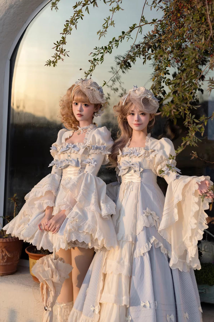 Blue [Letter Paper] Sleeveless Double-Layered Printed Ruffled Open-Front Bow Lace-Up Sweet Lolita Jsk Dress (Long Version)