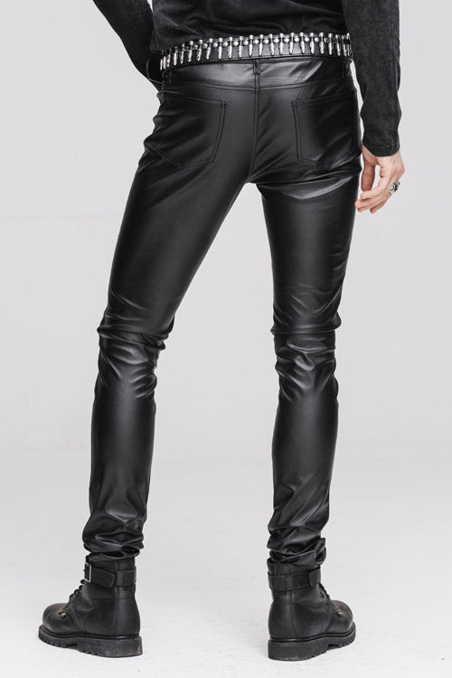 Black Wear Synthetic Leather Basic Model Punk Tight Mens Pants