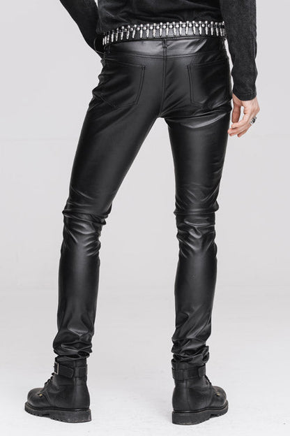 Black Wear Synthetic Leather Basic Model Punk Tight Mens Pants