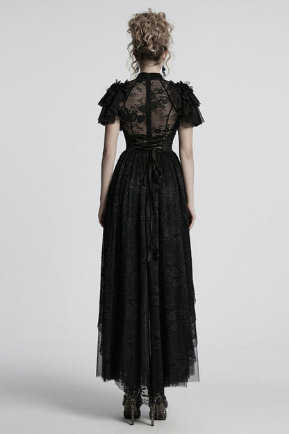 Black Short Sleeves Ruffle Stitching Lace Women's Gothic Layered Ball Gown Dress