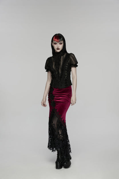 Black Stand Collar Short Sleeves Ruffled Cut-Out Embroidered Lace Women's Gothic Blouse