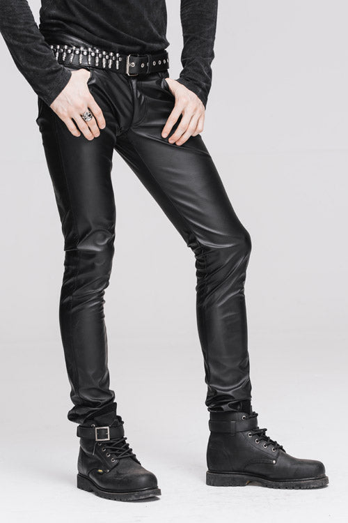 Black Wear Synthetic Leather Basic Model Punk Tight Mens Pants