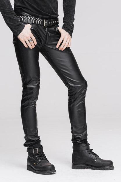 Black Wear Synthetic Leather Basic Model Punk Tight Mens Pants