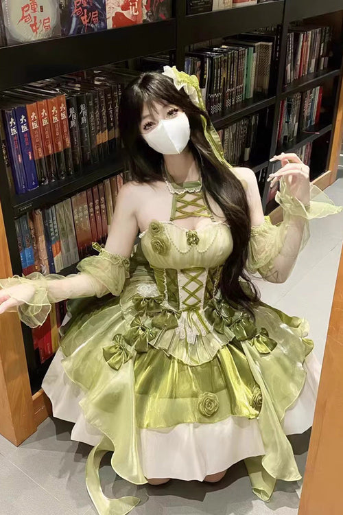 Green [Camellia Covenant] Halterneck Ruffled Bow Lace Lace-Up Sweet Lolita Jsk Dress