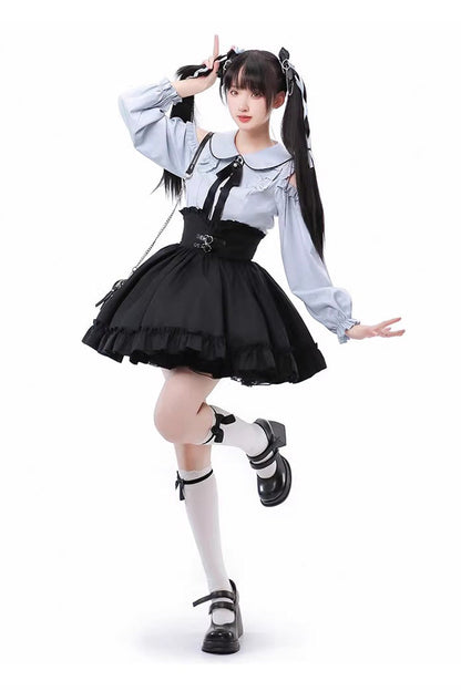 Black/Blue Off Shoulder Long Sleeves Ruffle Bowknot Sweet Jirai Kei Japanese Set