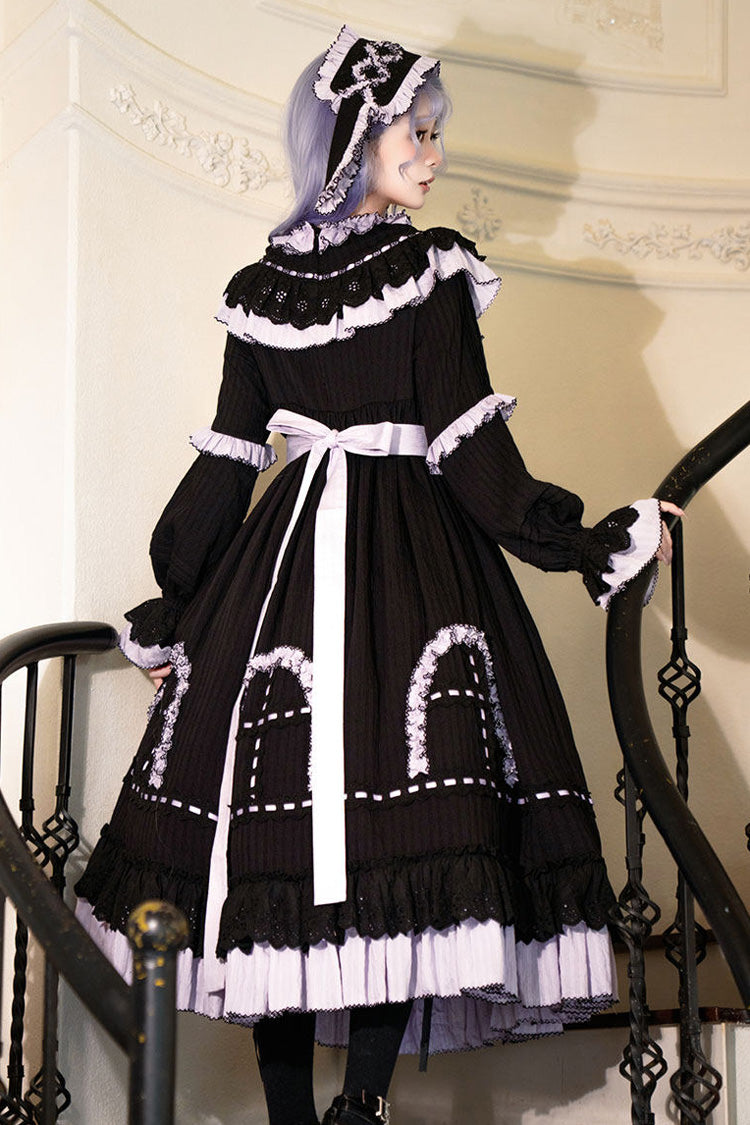 Black [Twin Lilian] Round Collar Long Sleeves Double-Layered Ruffled Bow Lace-Up Gothic Lolita Dress