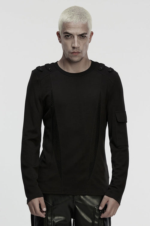 Black Round Collar Long Sleeves Cut-Out Spliced Mesh Men's Punk T-Shirt