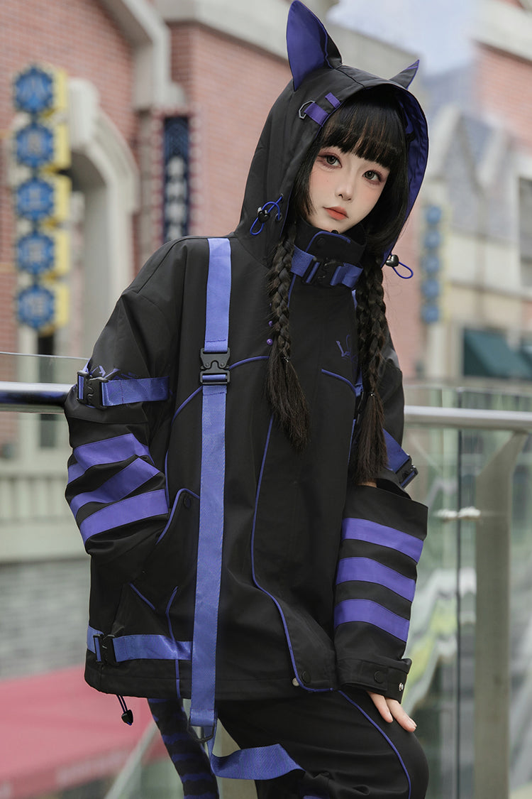 Blue/Black Long Sleeves Print Cat Ears Hooded Jirai Kei Handsome Coat