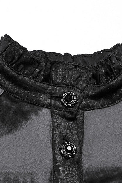 Black Stand Collar Long Puff Sleeves Faux Leather Stitching Women's Gothic Blouse