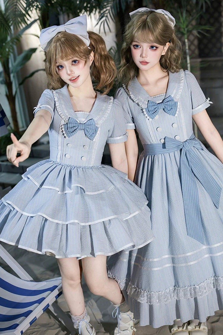 Blue [Seven Day Bell] Navy Collar Short Sleeves Printed Ruffled Bow Sweet Lolita Dress 2 Versions