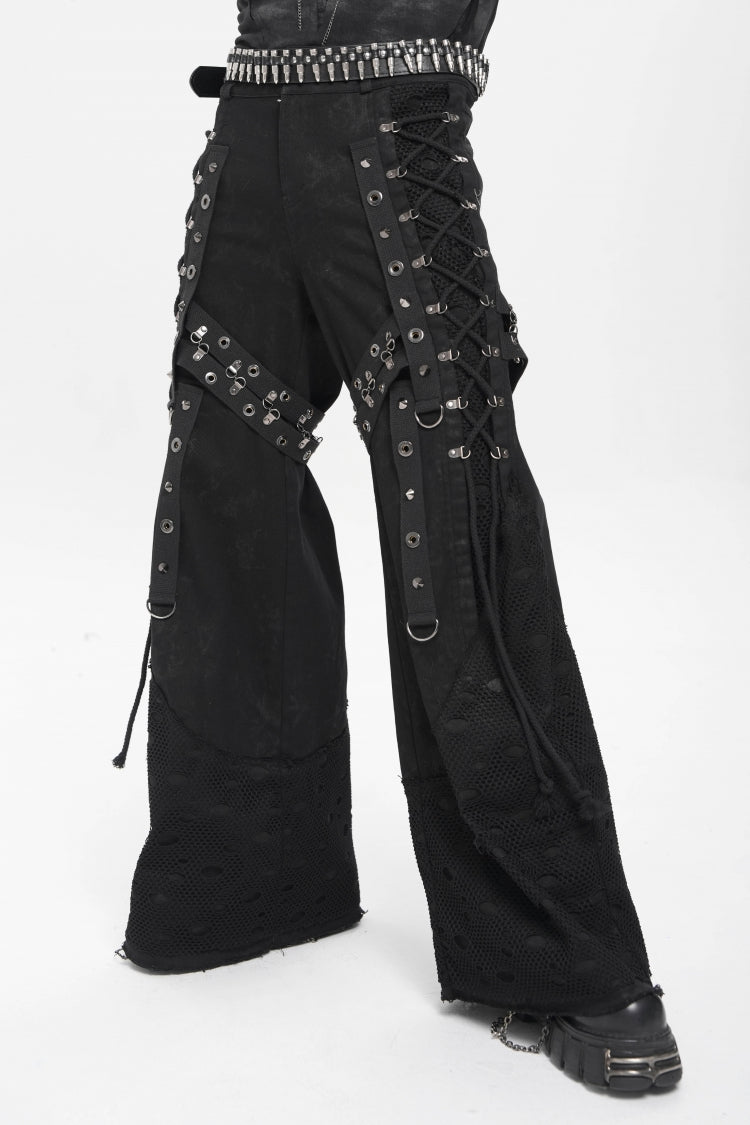 Black Spliced Lace-Up Mesh Ripped Men's Punk Baggy Pants