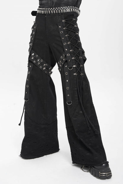Black Spliced Lace-Up Mesh Ripped Men's Punk Baggy Pants