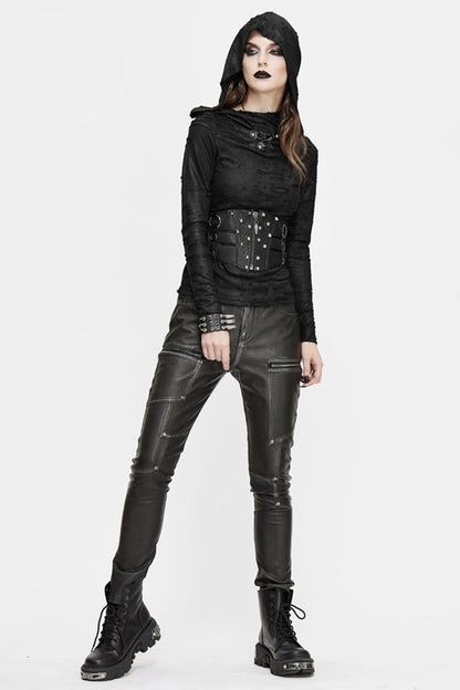 Black Punk Biker Block Shaped Patchwork Hand Rubbed Leather Womens Pants