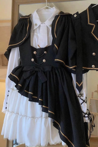 Black/White [Commander] Long Sleeves Ruffle Bowknot Irregular Sweet Lolita Dress Coat Cloak Set