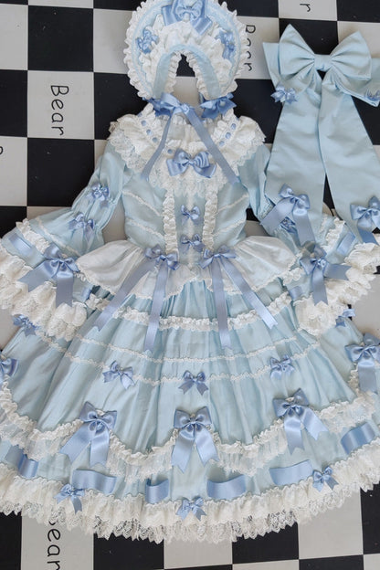 Blue Round Collar Long Trumpet Sleeves Hanayome Bowknot Lace Daily Sweet Elegant Princess Lolita Dress