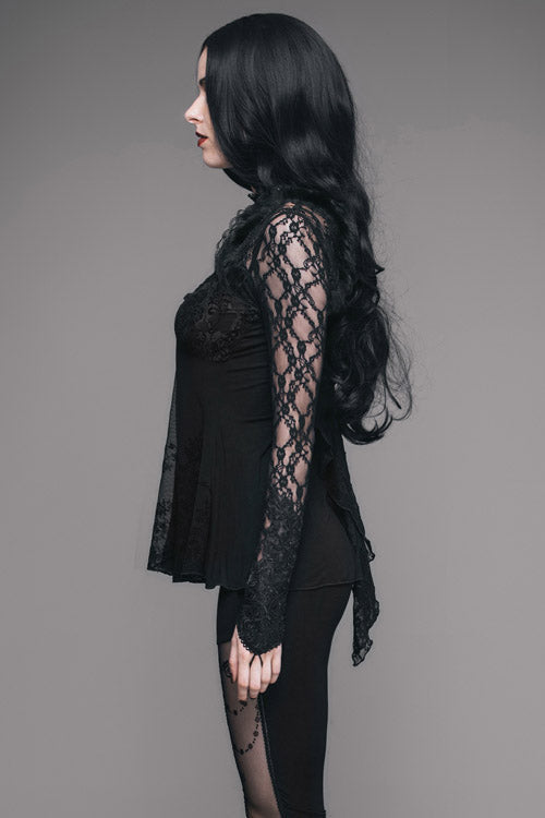 Black Sexy V Neck Mesh Long Sleeves Rose Lace Bottoming Women Gothic T-Shirt