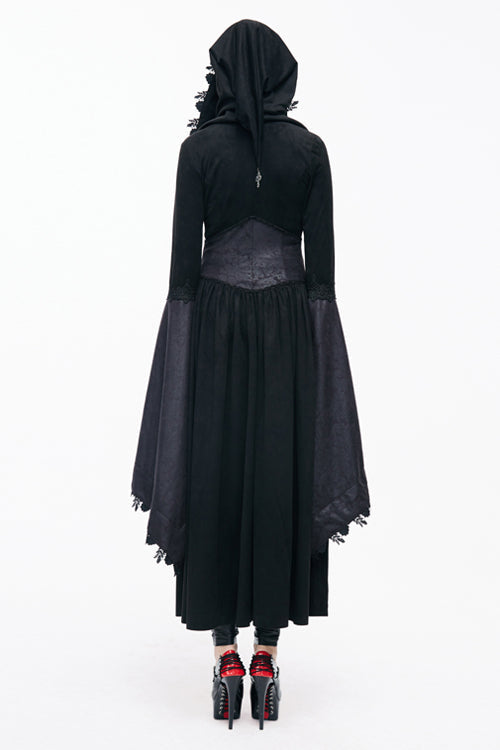 Gothic Black Pointed Hat Velveteen Floral Tunic Womens Coats
