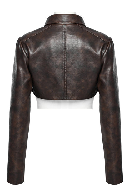 Brown Lapel Collar Long Sleeves Stitching Women's Faux Leather Punk Short Jacket