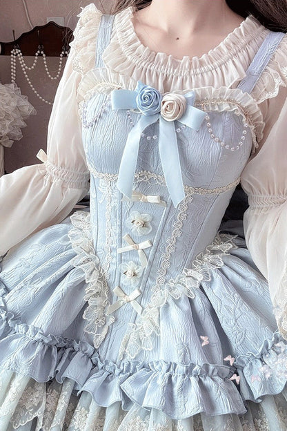 Blue [Fleeting Light and Shallow Dream] Sleeveless Multi-Layered Ruffle Bowknot Lace Slim Sweet Ballet Lolita Jsk Dress
