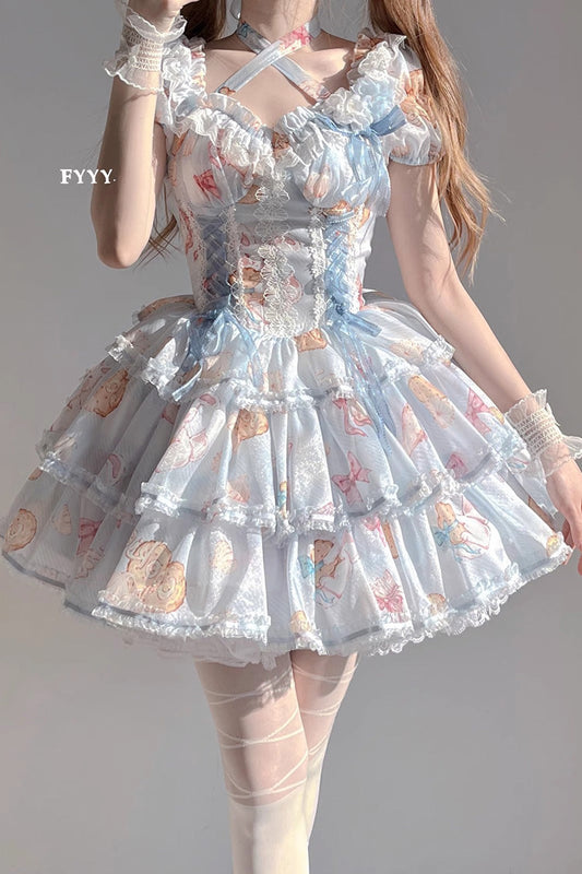 Blue Short Sleeves Multi-layer Cookie Bunny Print Bowknot Sweet Lolita Dress