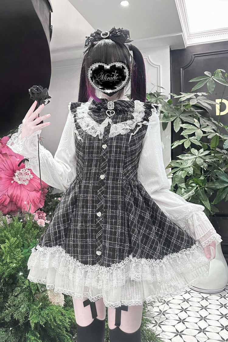 Black [Lunar Eclipse Doll] Long Sleeves Plaid Printed Ruffled Bow Lace Sweet Jirai Kei Japanese Dress Shorts Set