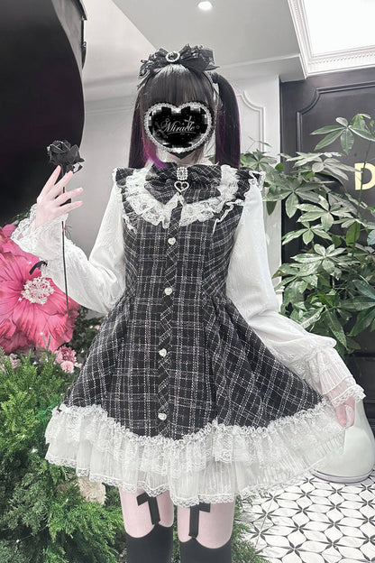 Black [Lunar Eclipse Doll] Long Sleeves Plaid Printed Ruffled Bow Lace Sweet Jirai Kei Japanese Dress Shorts Set