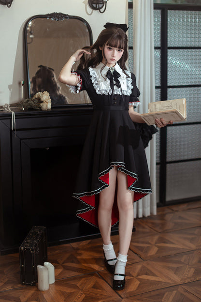 Black/White [Rosalind] Lapel Collar Short Sleeves Bow Lace Gothic Maid Lolita Dress