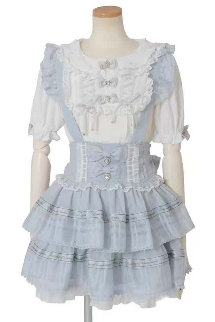 Sweet High Waisted Double-Layered Ruffle Bowknot Stitching Lace Plus Size Japanese Lolita Strap Dress 3 Colors