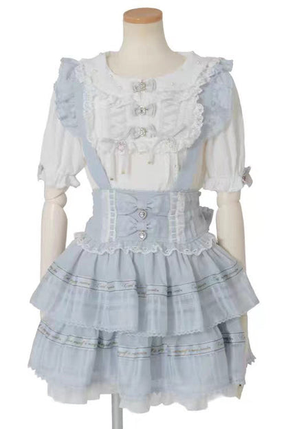 Sweet High Waisted Double-Layered Ruffle Bowknot Stitching Lace Plus Size Japanese Lolita Strap Dress 3 Colors
