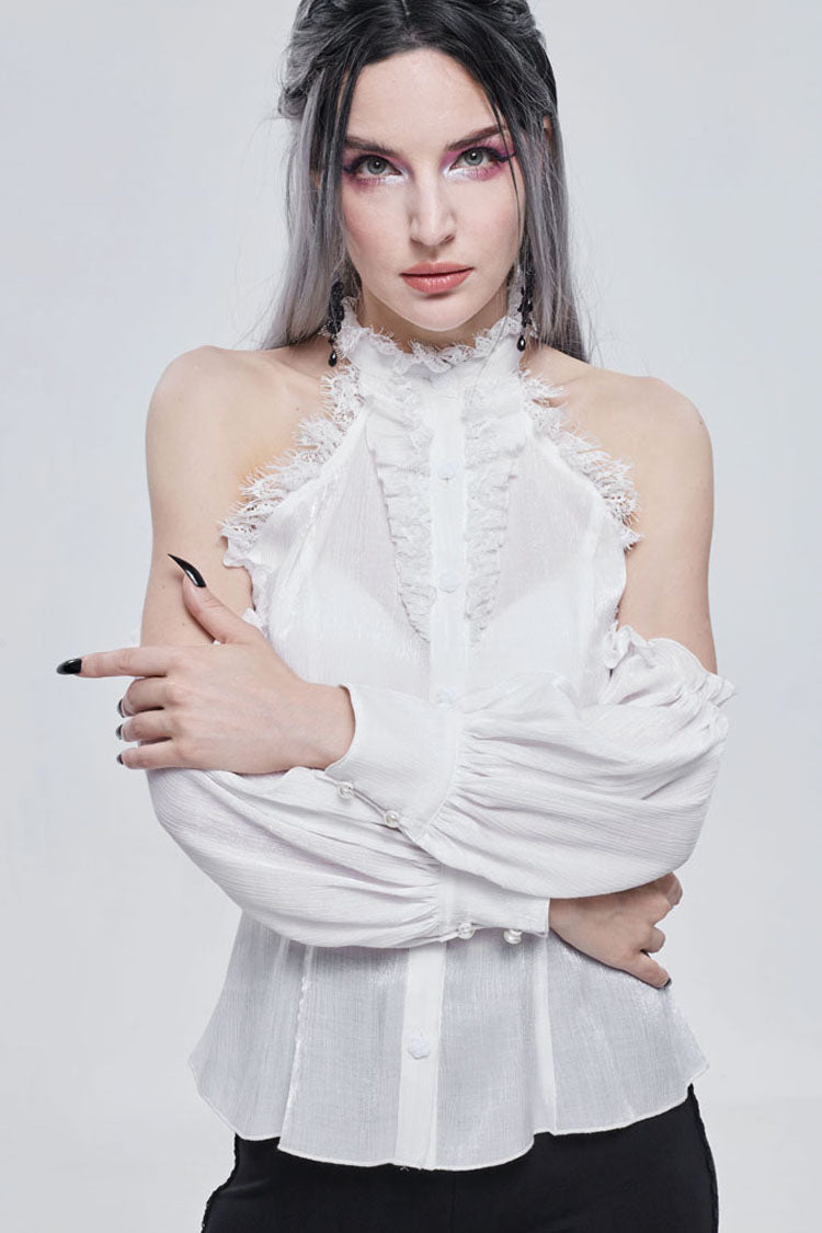 White Gothic Off-The-Shoulder Halter Lace Ruffled Lantern Sleeves Women's Shirt