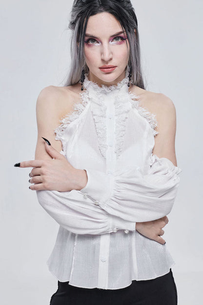 White Gothic Off-The-Shoulder Halter Lace Ruffled Lantern Sleeves Women's Shirt