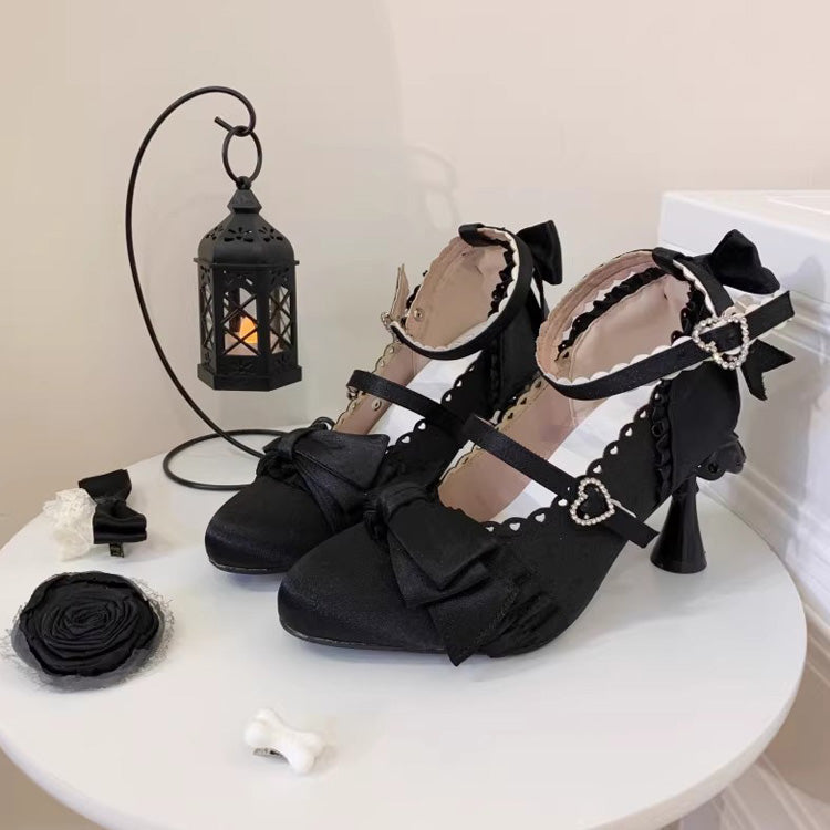 Ruffled Bow Lace Sweet Elegant Lolita Pointed Toe High Heels 4 Colors