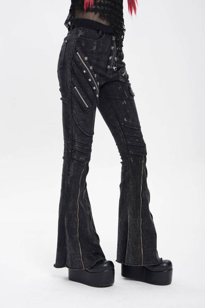 Black Zipper Pleated Women's Punk Flared Pants