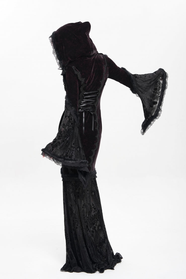 Black/Red Long Trumpet Sleeves Embroidery Stitching Lace Hooded Mesh Women's Gothic Dress