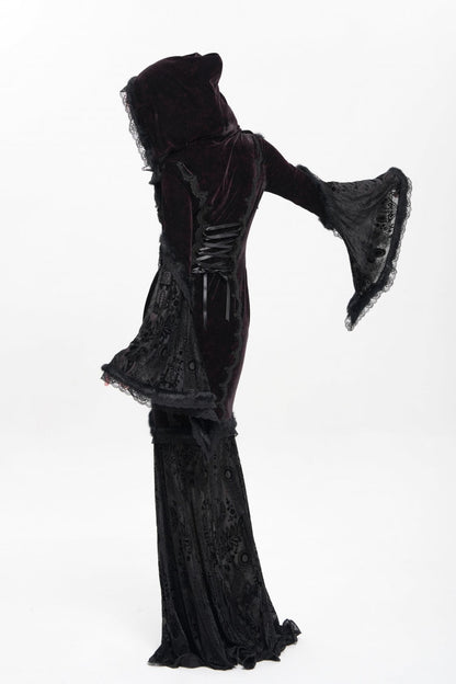 Black/Red Long Trumpet Sleeves Embroidery Stitching Lace Hooded Mesh Women's Gothic Dress