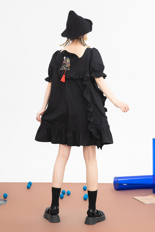 Black Ruffled Square Collar Cute Tiger Embroidered Bubble Short Sleeves High Waisted Sweet Lolita Dress