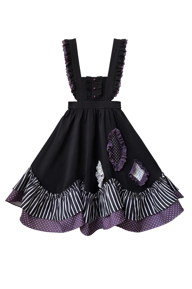 Black [Witch Academy] Double-Layered Stripe Print Ruffle Bowknot Irregular Sweet Lolita Jumper Dress