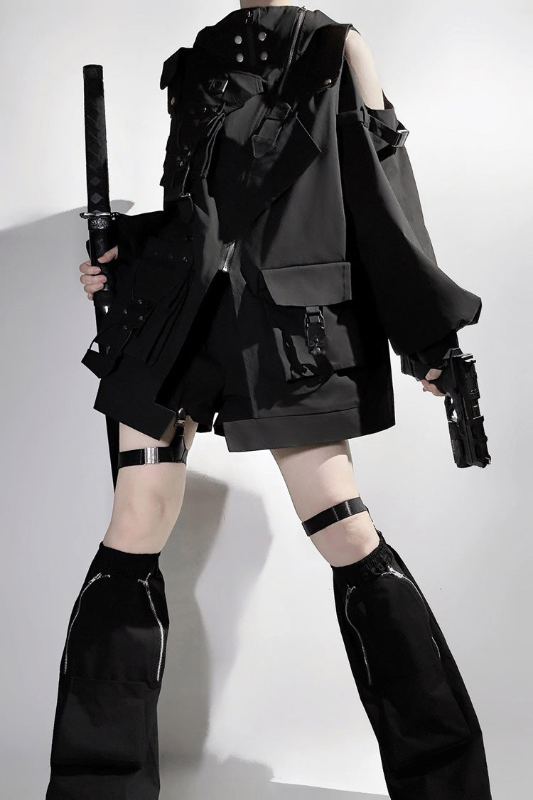 Black Techwear Long Sleeves Hooded Zippered Ouji Gothic Cool Lolita Set