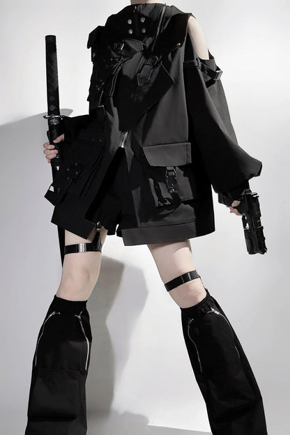 Black Techwear Long Sleeves Hooded Zippered Ouji Gothic Cool Lolita Set