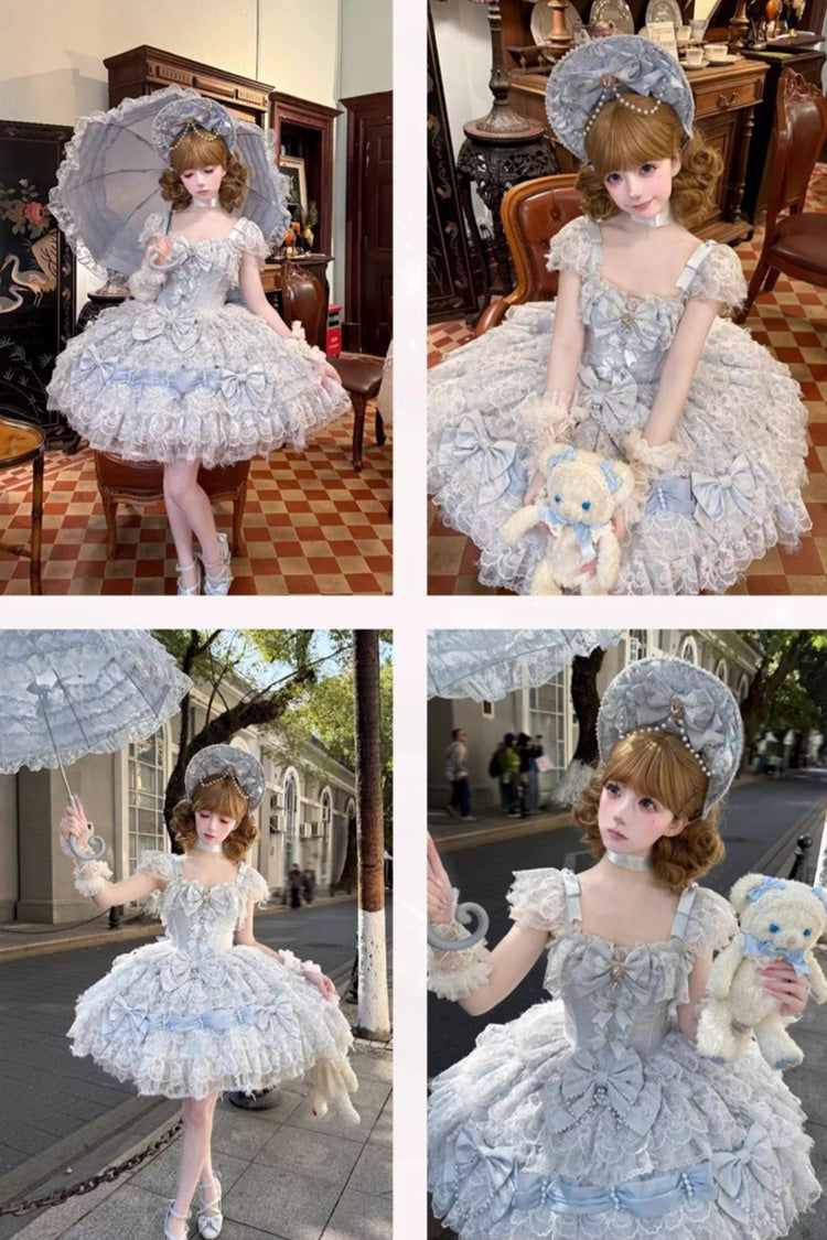 Blue [Cloudborne Snowfeather] Sleeveless Multi-Layered Hanayome Bowknot Pearl Gothic Lolita Jsk Dress