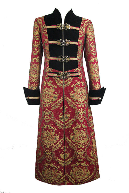 Pirate Style Red And Gold Jacquard Gothic Mens Long Coat